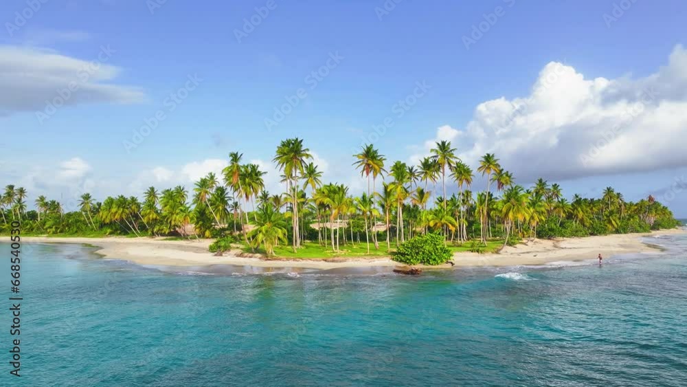 Paradise island with vibrant tropical nature on a summer beach. Blue sky and colorful palm trees on white sand. Sunny beach with palm trees and turquoise sea. Summer holiday and tropical beach concept Paradise island with vibrant tropical nature on a summer beach. Blue sky and colorful palm trees on white sand. Sunny beach with palm trees and turquoise sea. Summer holiday and tropical beach concept