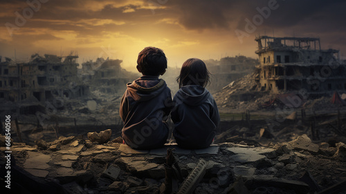 Children are sitting and looking at the ruins of the country from the war.