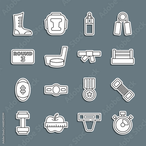 Set line Stopwatch, Chest expander, Boxing ring, Punching bag, Ice hockey stick puck, board, Sport boxing shoes and Black karate belt icon. Vector