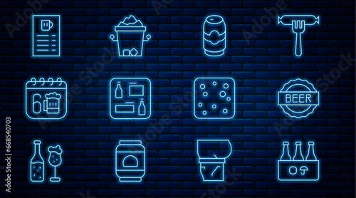 Set line Pack of beer bottles, Bottle cap with, Beer can, menu, Saint Patricks day calendar, bubbles and Ice bucket icon. Vector