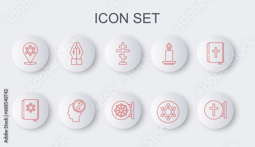Set line Christian cross, Jewish torah book, Star of David, Hands in praying position, Yin Yang and Dharma wheel icon. Vector