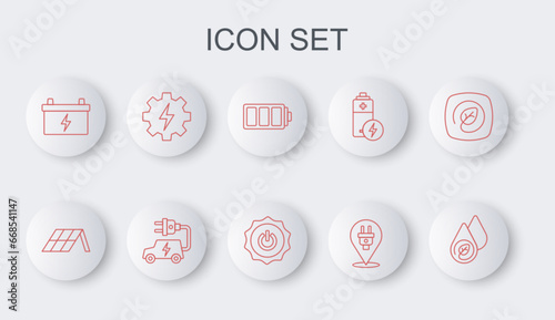 Set line Water energy, Solar panel, Battery, Electric plug, Car battery, Gear and lightning, car and Power button icon. Vector