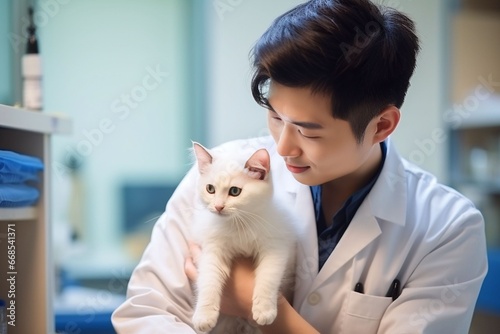 A asian young male veterinarian examines a kitten at modern white