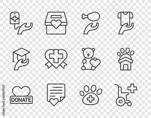 Set line Donation and charity, Wheelchair for disabled person, food, Envelope with heart, Blood donation, Heart cross, Veterinary clinic and Animal shelter house icon. Vector