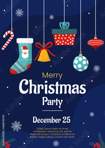 Vector merry Christmas and New Year poster, greeting card template. Invitation on Christmas party. Christmas tree, balls, gift box on blue dark background. Backdrop, flyer for holiday event.
