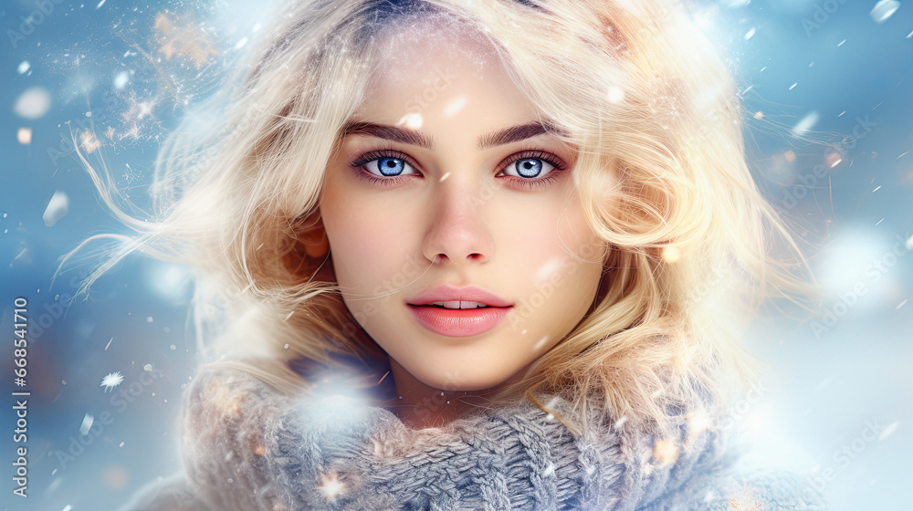 blonde woman winter close-up portrait