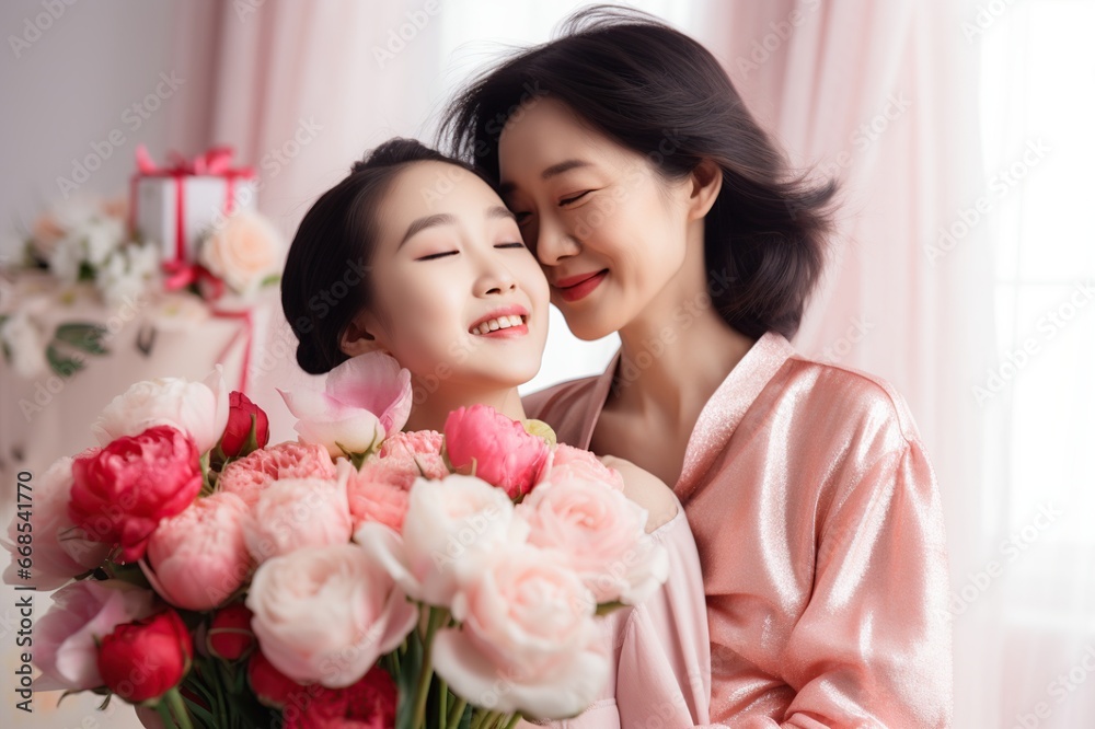 Happy Mother's Day, Daughter congratulates mother with flowers during a celebration with her on Mother's Day during the holiday at home. Generative AI