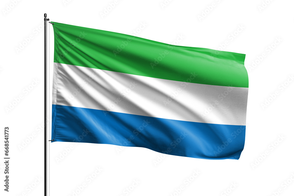 Fototapeta premium 3d illustration flag of Sierra Leone. Sierra Leone flag waving isolated on white background with clipping path. flag frame with empty space for your text.