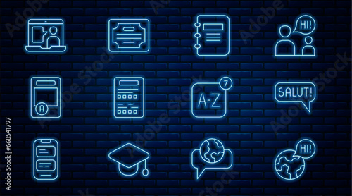 Set line Learning foreign languages, Salut different, Notebook, Exam sheet, with A plus grade, Foreign online study, Online translator and Certificate template icon. Vector