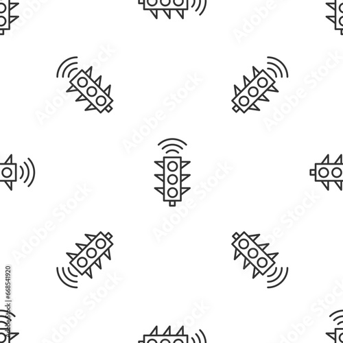 Grey line Smart traffic light system icon isolated seamless pattern on white background. Internet of things concept with wireless connection. Vector