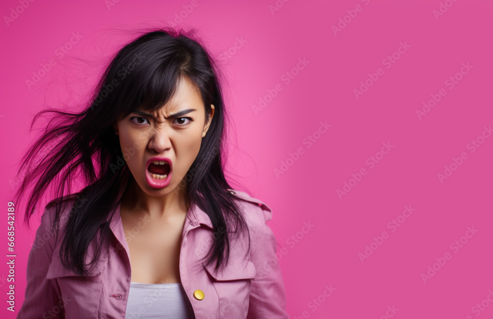 Empowered Asian Woman Channels Her Inner Strength Against a Pink Canvas Empowered Asian Woman Channels Her Inner Strength Against a Pink Canvas