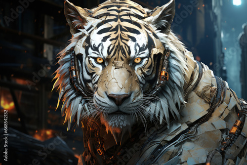 A powerful Siberian Tiger standing near a rushing river, the golden sunset casting warm hues over the landscape, Generative Ai