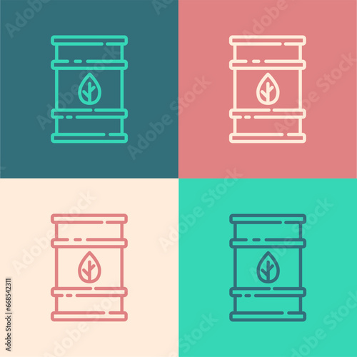 Pop art line Bio fuel barrel icon isolated on color background. Eco bio and canister. Green environment and recycle. Vector