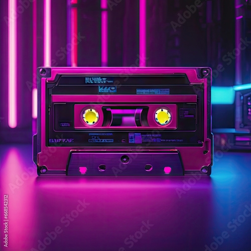 purple audio cassette in a cyberpunk setting 