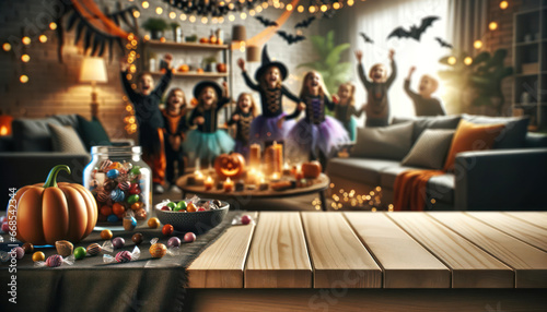 Halloween-ready living room table  with celebrating children and candies creating a lively backdrop.