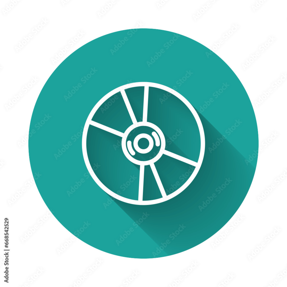 White line CD or DVD disk icon isolated with long shadow. Compact disc sign. Green circle button. Vector White line CD or DVD disk icon isolated with long shadow. Compact disc sign. Green circle button. Vector