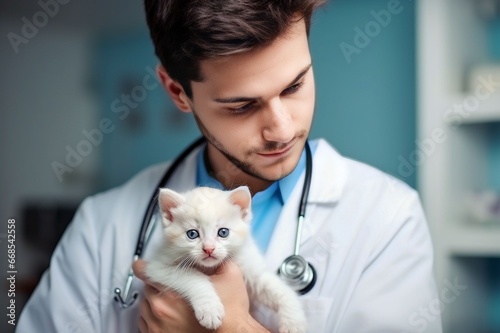 A caucasian young male veterinarian examines a kitten at modern white