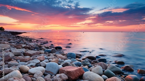 Ethereal Sunset Over Pebbled Shoreline © boxstock production