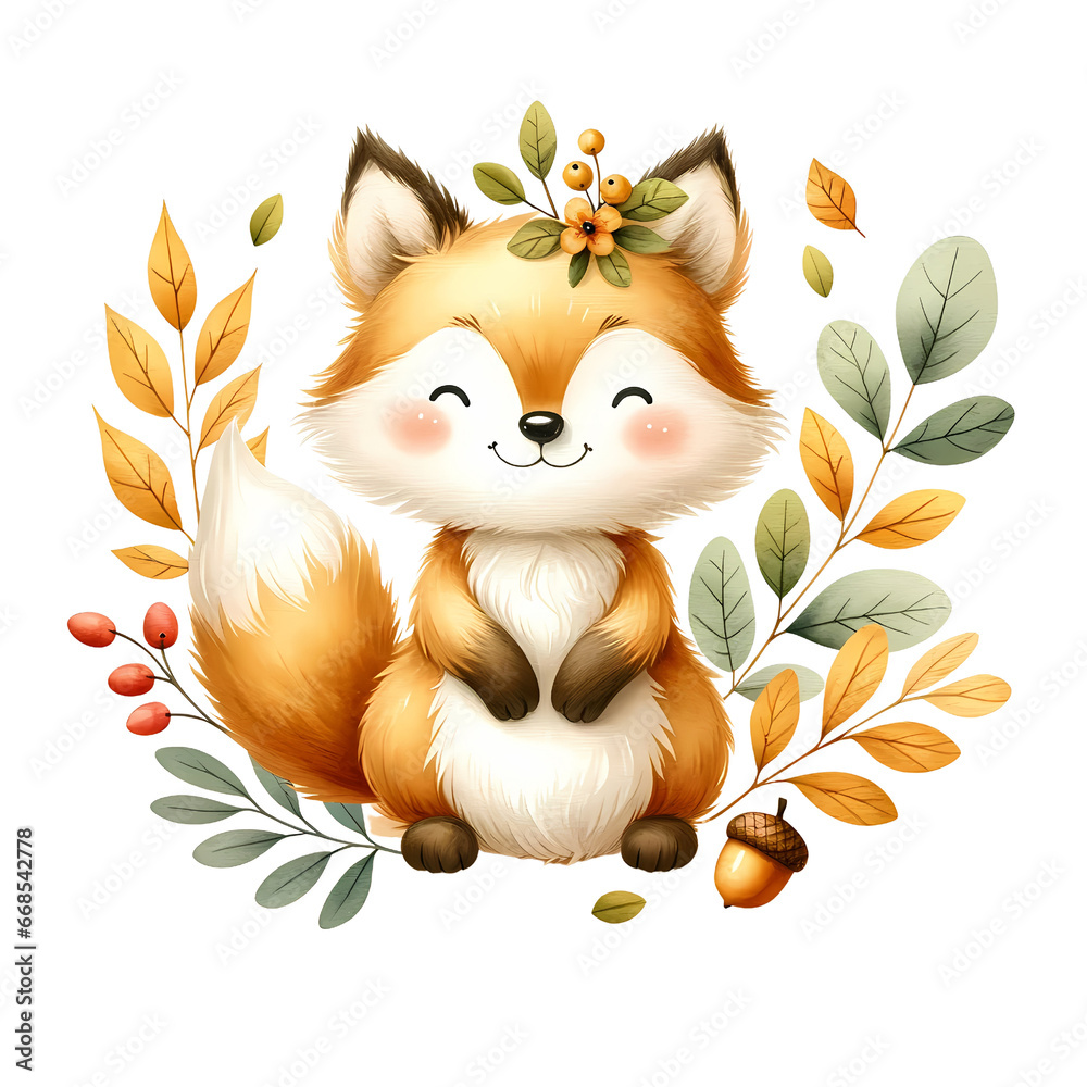 Adorable fluffy fox with big eyes, surrounded by falling leaves, acorns, and a shiny red acorn pendant, looking happy. Adorable fluffy fox with big eyes, surrounded by falling leaves, acorns, and a shiny red acorn pendant, looking happy.