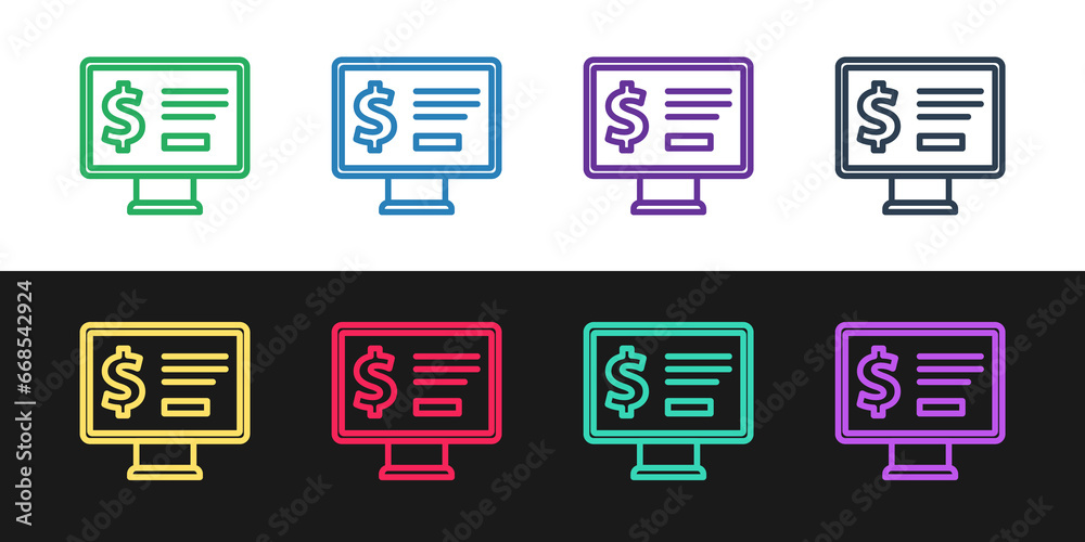 Set line Monitor with dollar icon isolated on black and white background. Sending money around the world, money transfer, online banking, financial transaction. Vector Set line Monitor with dollar icon isolated on black and white background. Sending money around the world, money transfer, online banking, financial transaction. Vector