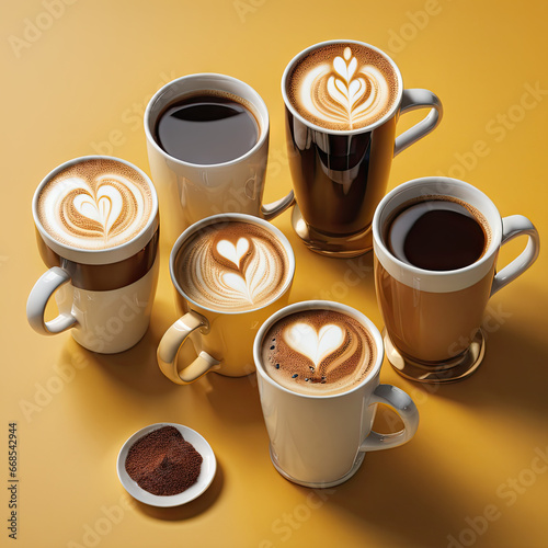 several cups of coffee on a yellow background

