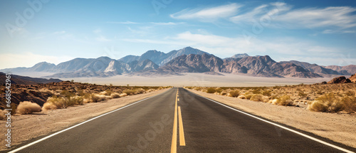 Horizontal paved road in desert with striped mountain