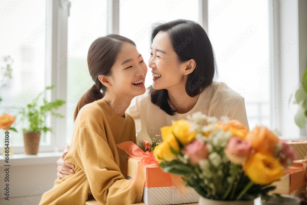 Happy Mother's Day, Daughter congratulates mother with flowers during a celebration with her on Mother's Day during the holiday at home. Generative AI