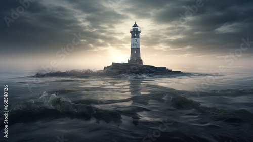 Lighthouse in the middle of the sea at night