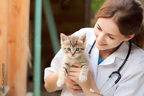 A young female veterinarian examines a kitten