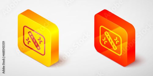 Isometric line Photo retouching icon isolated on grey background. Photographer, photography, retouch icon. Yellow and orange square button. Vector