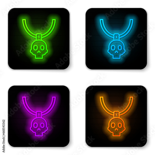 Glowing neon line Necklace amulet icon isolated on white background. Black square button. Vector