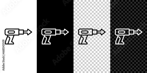 Set line Fishing harpoon icon isolated on black and white, transparent background. Fishery manufacturers for catching fish under water. Diving underwater equipment. Vector