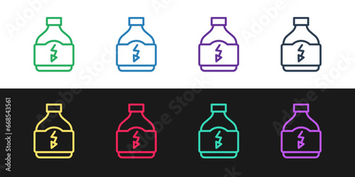 Set line Sports nutrition bodybuilding proteine power drink and food icon isolated on black and white background. Vector