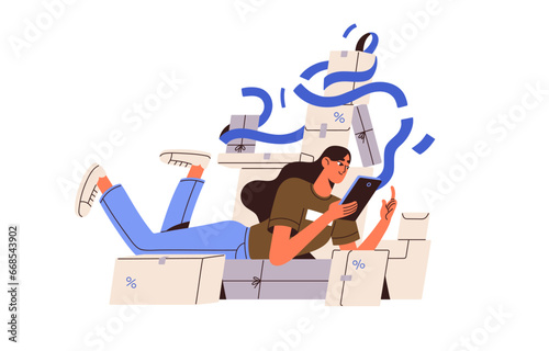 Online shopping, sales concept. Delivery service. Customer buy, purchase goods on discount in internet store. Woman with smartphone lying on boxes, packages. Flat isolated vector illustration on white