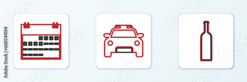 Set line Bottle of wine, Calendar and Police car and flasher icon. Vector