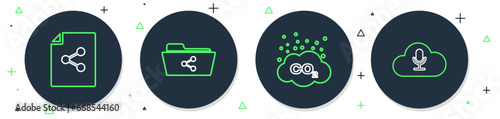 Set line Share folder, CO2 emissions in cloud, file and Music streaming service icon. Vector