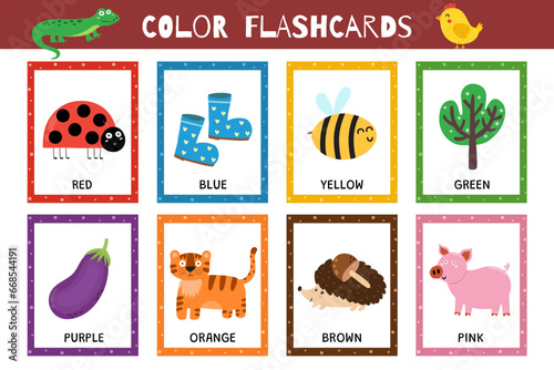 Basic colors flashcards collection for kids. Flash cards set for practicing reading skills. Learn food vocabulary for school and preschool. Red, blue, yellow and more. Vector illustration
