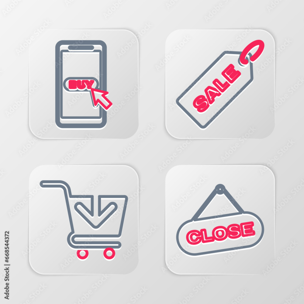 Set line Hanging sign with Close, Add to Shopping cart, Price tag Sale and Mobile and shopping icon. Vector Set line Hanging sign with Close, Add to Shopping cart, Price tag Sale and Mobile and shopping icon. Vector