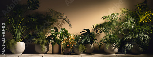 3D rendering of a beautiful interior design with tropical plants in pots. Home gardening concept.