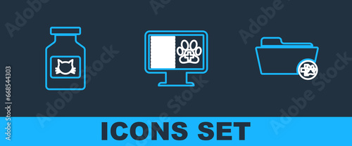 Set line Medical veterinary record folder, Cat medicine bottle and Clinical pet on monitor icon. Vector