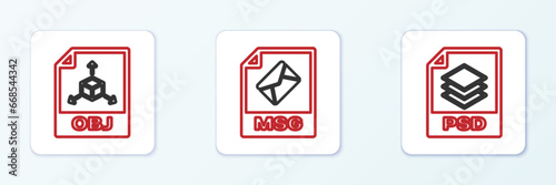 Set line PSD file document, OBJ and MSG icon. Vector