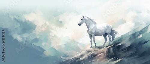 A white horse, depicted in graceful watercolors, gazes from a mountaintop, reflecting the serenity and grandeur of the natural world.