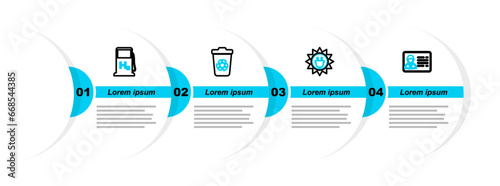 Set line Identification badge, Solar energy panel, Recycle bin with recycle and Hydrogen filling station icon. Vector