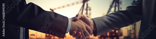 Oil pump. Engineers handshake. handshake oil contract. handshake worker and businessman shaking hands against the backdrop of an oil pump. oil extraction business concept.