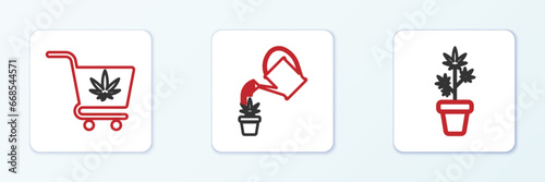 Set line Marijuana plant in pot, Shopping cart with marijuana and Watering can icon. Vector