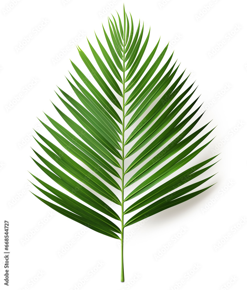 Green leaf of palm tree isolated on white background with clipping path. full depth of field. Flat lay, top view Green leaf of palm tree isolated on white background with clipping path. full depth of field. Flat lay, top view