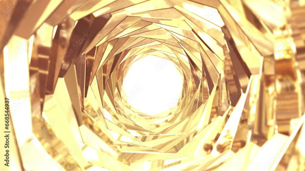 Golden metal tunnel with soft light reflections. Tunnel with mirror reflection. Abstract animated background
