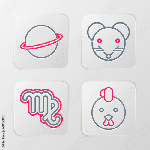 Set line Rooster zodiac, Virgo, Rat and Planet Saturn icon. Vector