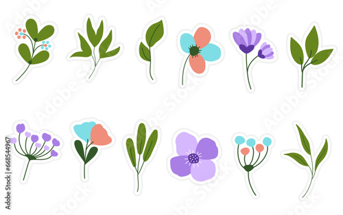 Set of flowers, floral and leaf stickers elements isolated on a white background. Spring stickers for scrapbooking, planner, greeting card and more.