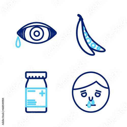 Set line Runny nose, Medicine bottle and pills, Kidney beans and Reddish eye allergic conjunctivitis icon. Vector